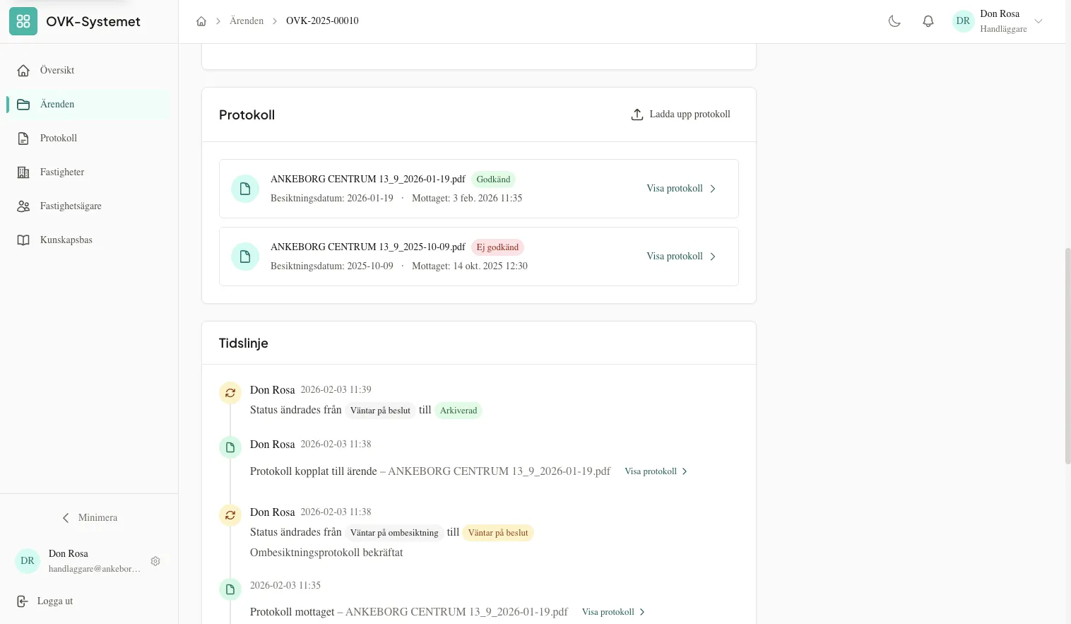 Ärendetidslinje med historik och händelser